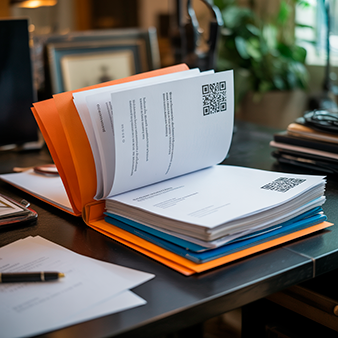 Una carpeta con varios documentos en los que se aprecia un código QR
