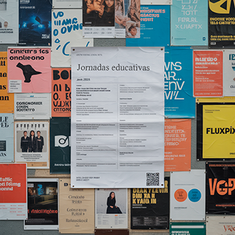Una parede llena de papeles y carteles. Sobre ellos destaca un catel de una jornada educativa. El cartel tiene un QR.