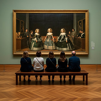 Varias personas miran un cuadro en un museo. El cuador está etiquetado con un QR.