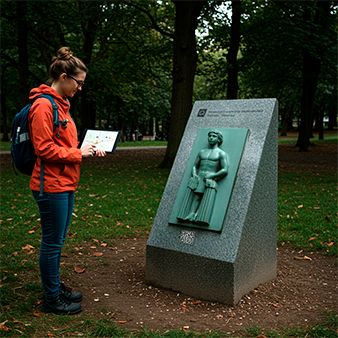 Una chica sigue un itinerario en su tablet y ha parado en una escultura etiquetada con un QR