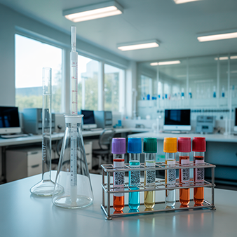 Un laboratorio con una mesa en primer plano con varios tubos de muestra etiquetados con QRs