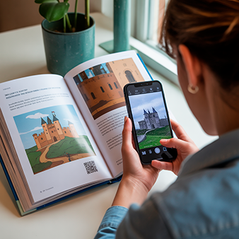 Una chica mira en su movil información de un castillo que aparece en un libro ilustrado. Accede a la información mediante un QR.