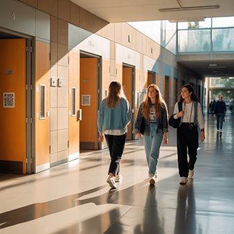 Pasillo deun campus universitario, donde las puertas tienen un QR que las identifica.