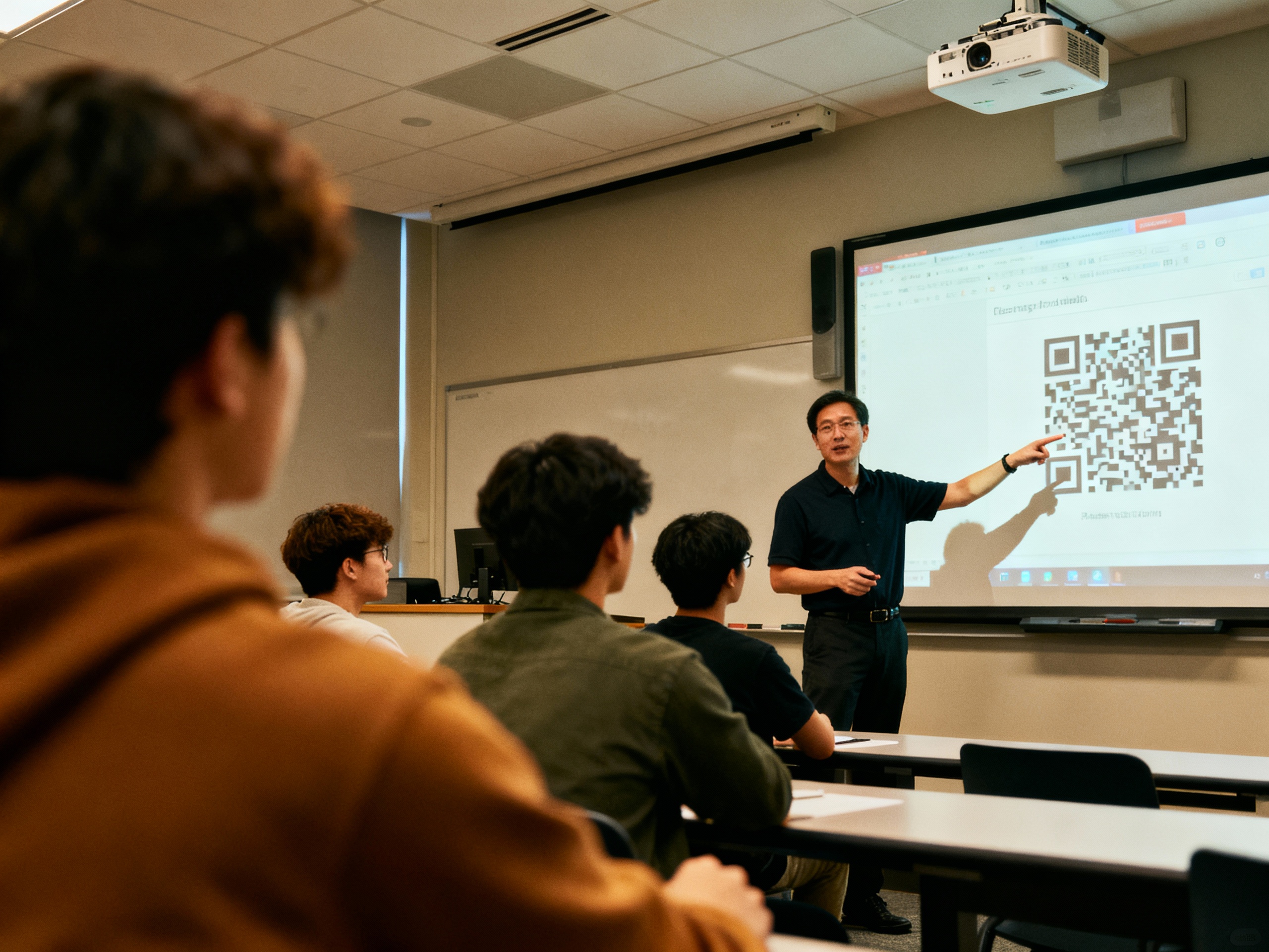 Profesor señala un QR en la pantalla de una clase